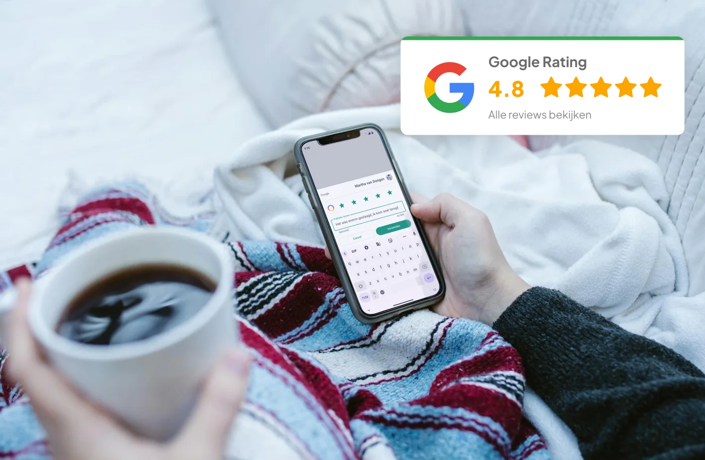 Costumer entering a positive Google review with coffee in hand